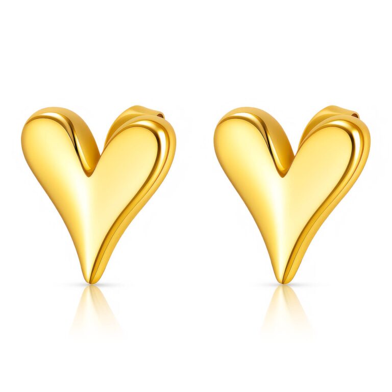 Front view of 18K gold plated stainless steel heart stud earrings