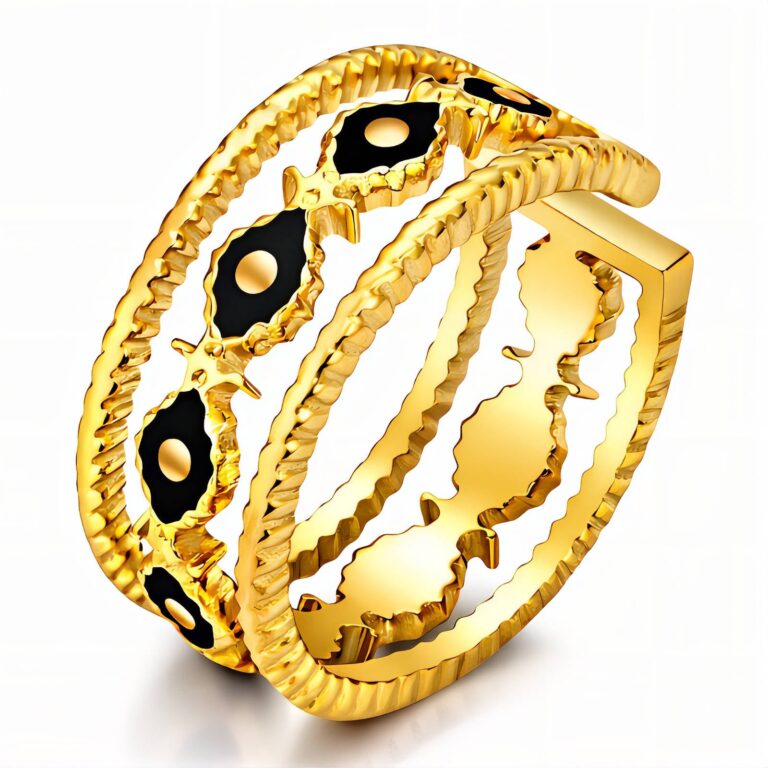 Adjustable Evil Eyes ring in 18K gold plated stainless steel with enamel detail