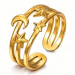 Adjustable crescent and star ring in 18K gold plated steel