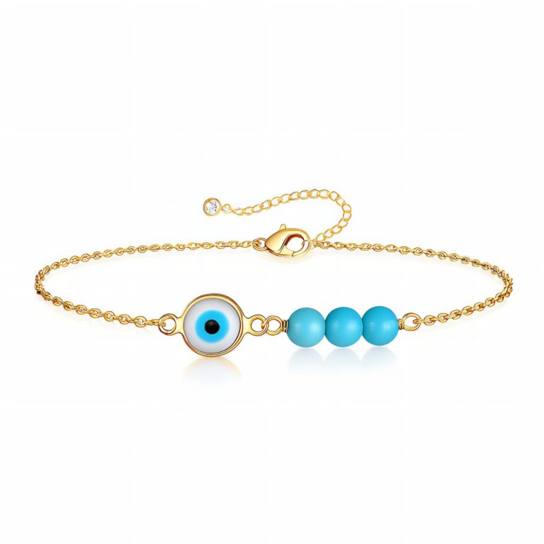 Close-up of 18K gold plated evil eye stainless steel bracelet