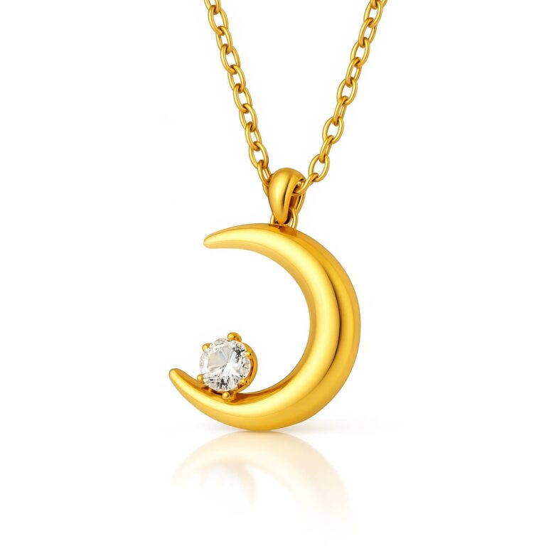 18K gold plated crescent necklace with cubic zirconia on stainless steel chain
