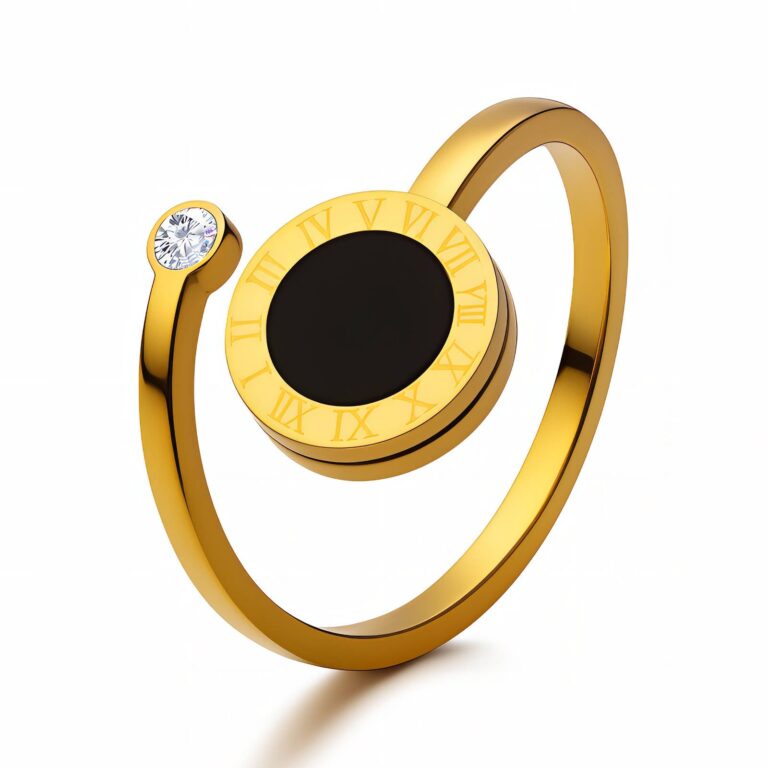 Adjustable 18K gold plated stainless steel ring with cubic zirconia close-up