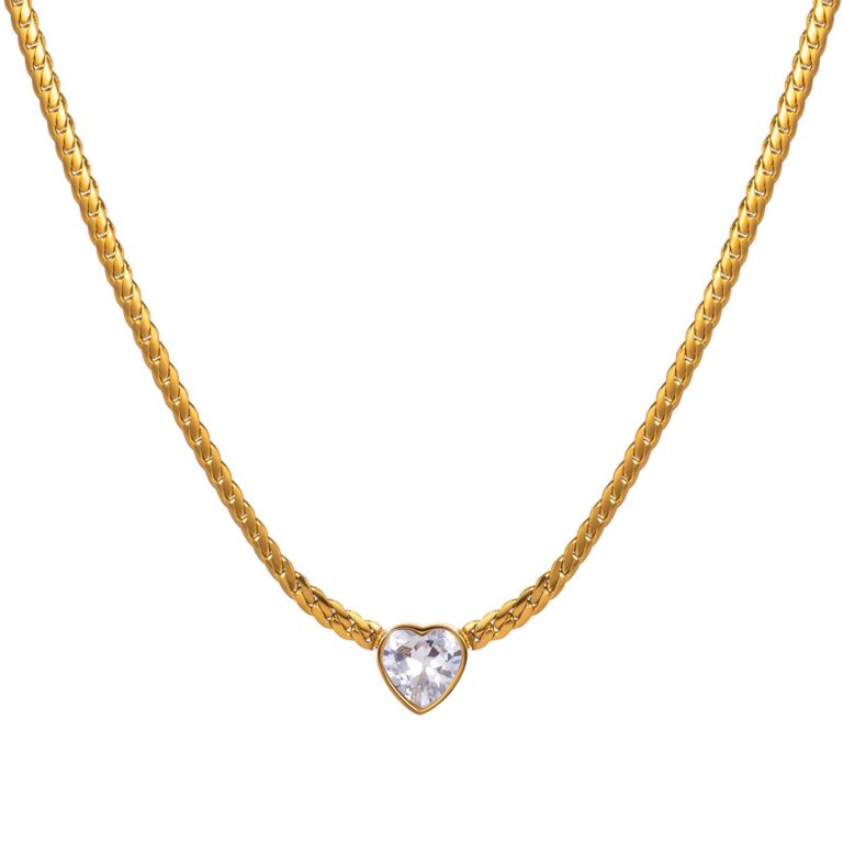 18K gold plated hearts necklace with cubic zirconia on white background