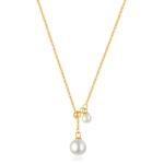 18K gold plated stainless steel necklace with pearl pendant front view