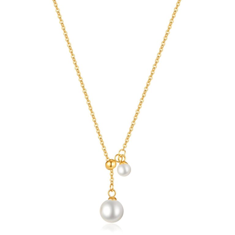 18K gold plated stainless steel necklace with pearl pendant front view
