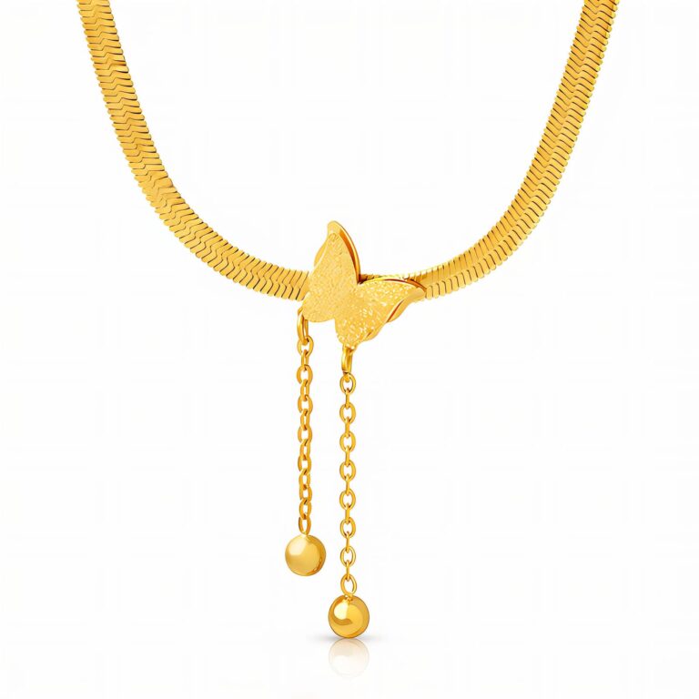 Close-up of 18K gold plated butterfly pendant necklace