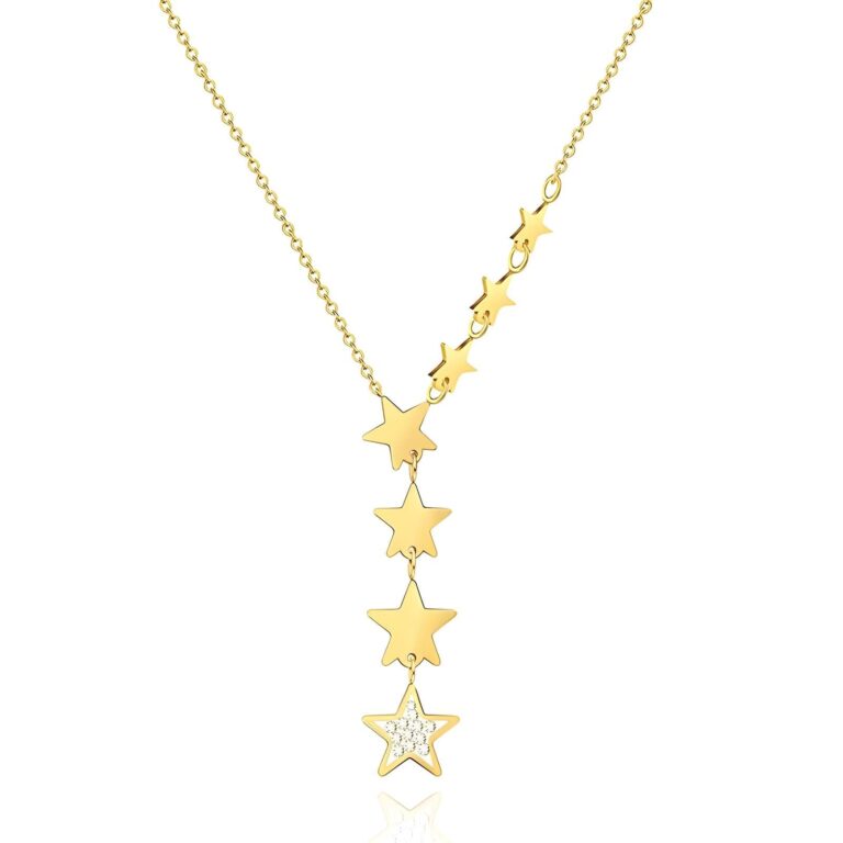 Close-up of 18K gold plated stars necklace with cubic zirconia