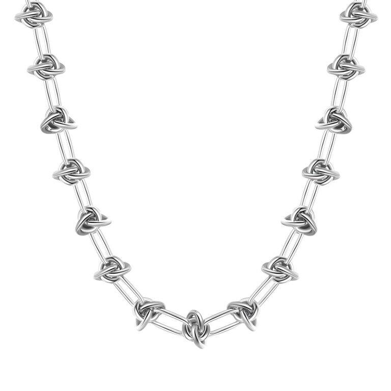 Stainless steel necklace with lobster claw clasp on white background