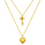 18K gold plated heart and key necklace on white background