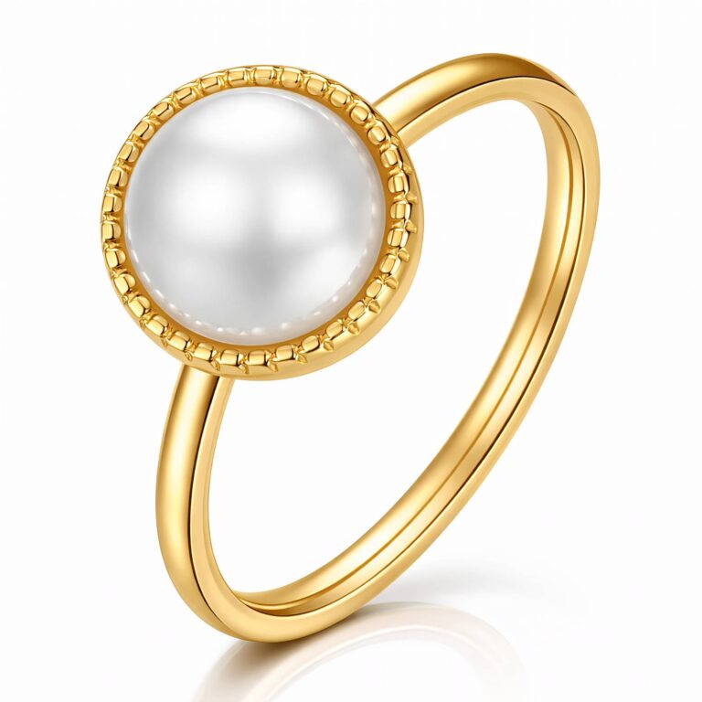 18K gold plated stainless steel ring with imitation pearl on white background