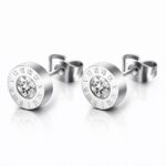 close-up of stainless steel stud earring with cubic zirconia
