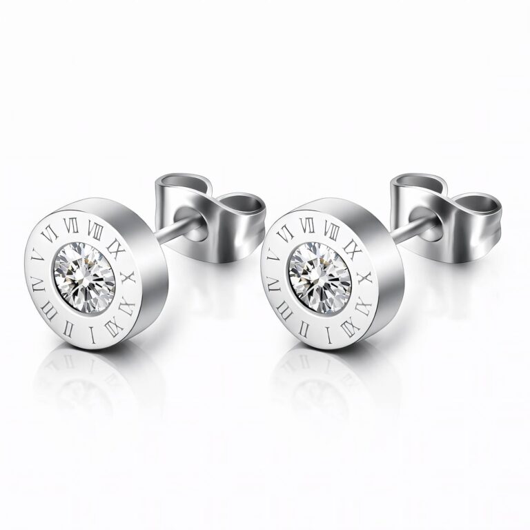 close-up of stainless steel stud earring with cubic zirconia