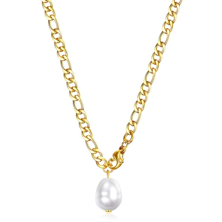 18K gold plated stainless steel necklace with pearl pendant displayed
