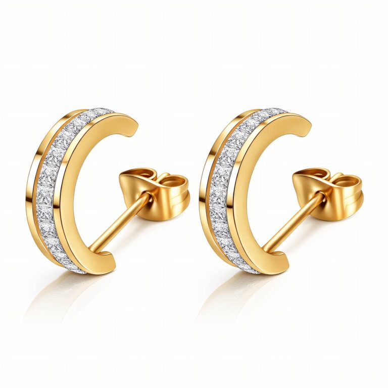 18K gold plated stainless steel stud earrings with cubic zirconia close-up