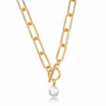 18K gold plated stainless steel necklace with pearl pendant front view