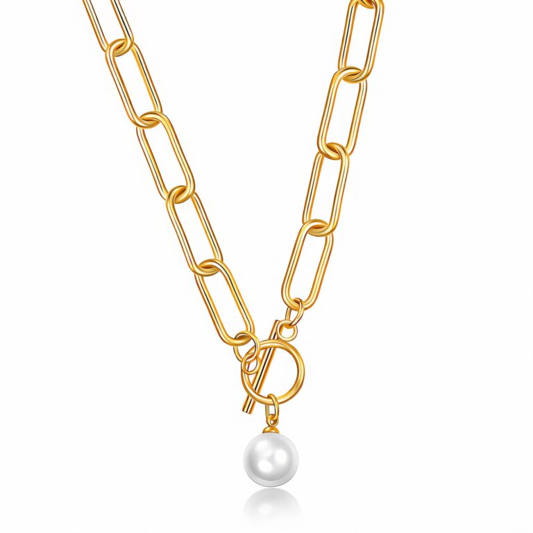 18K gold plated stainless steel necklace with pearl pendant front view