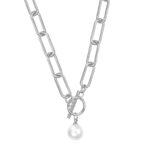 Stainless steel necklace with pearl imitation pendant front view