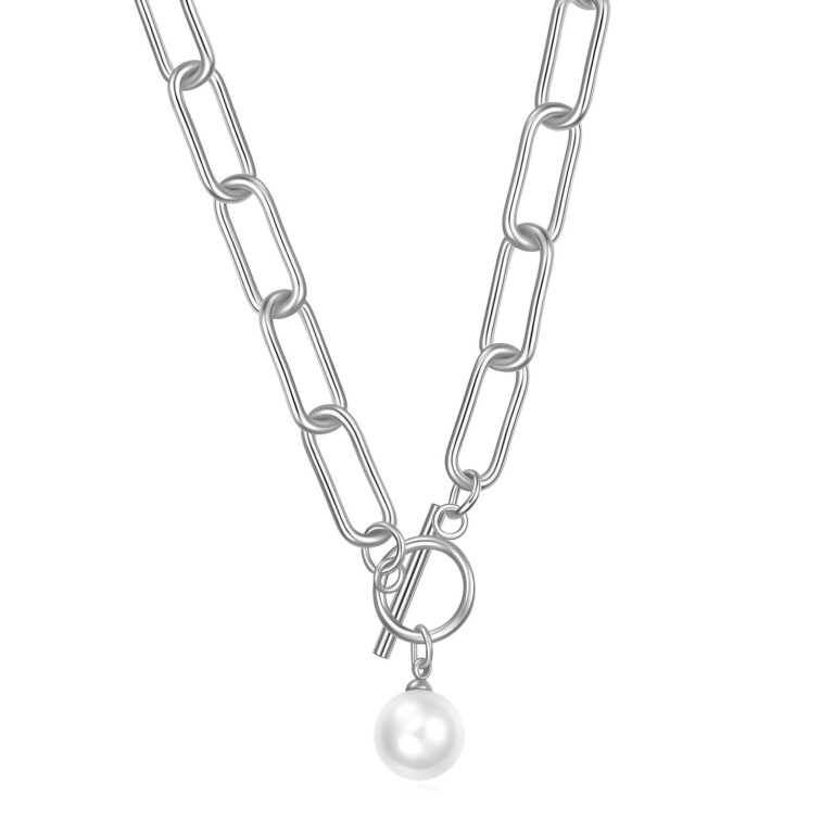 Stainless steel necklace with pearl imitation pendant front view