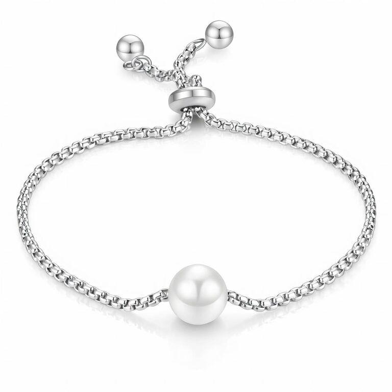 close-up of elegant stainless steel pearl imitation bracelet