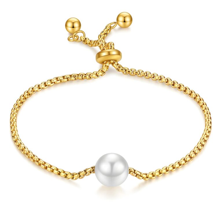 18K gold plated stainless steel bracelet with imitation pearl close up