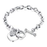 Close-up of stainless steel heart bracelet with cubic zirconia