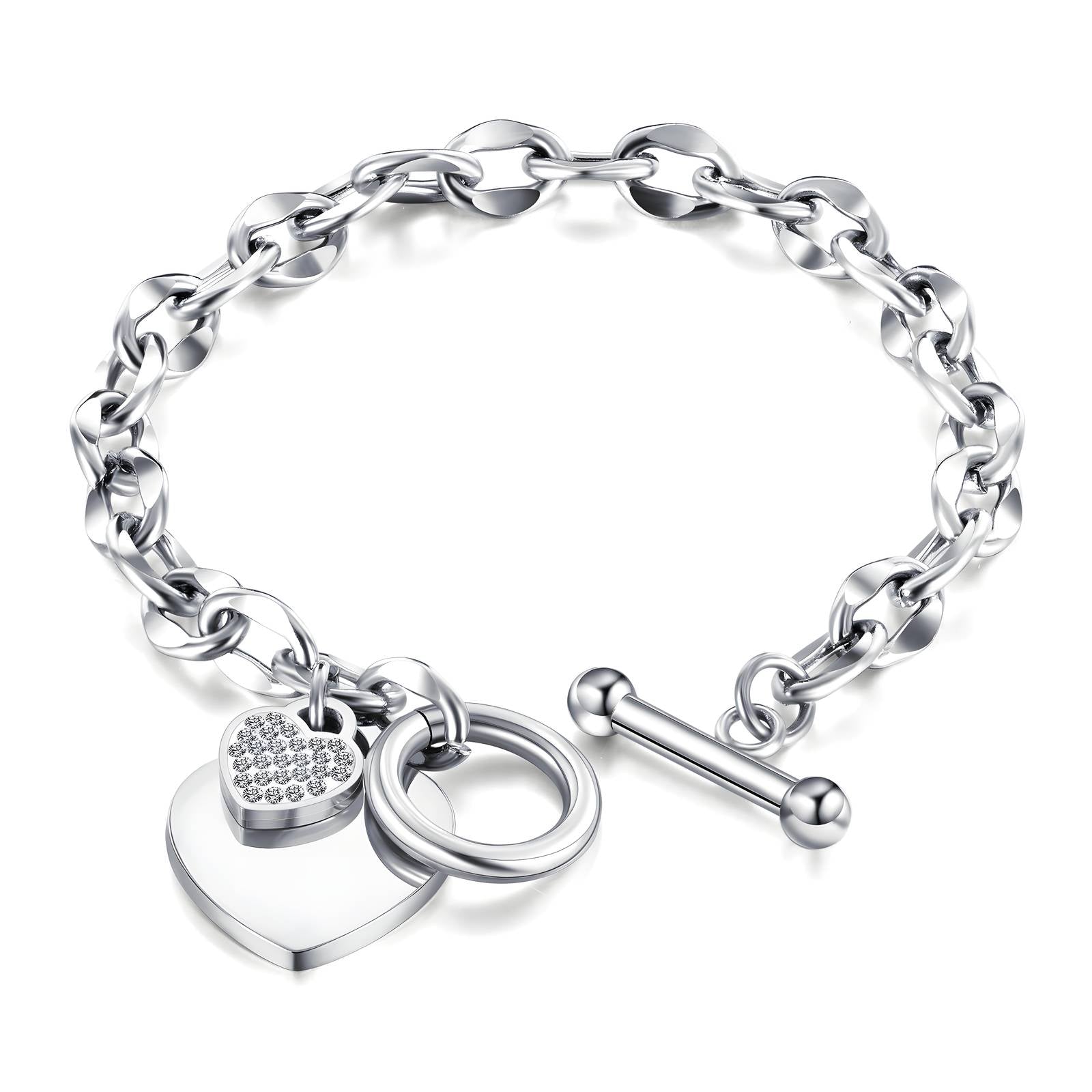 88243-0_150710_1600 Close-up of stainless steel heart bracelet with cubic zirconia