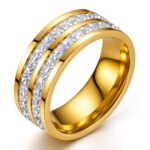 Close-up of 18K gold plated stainless steel ring with cubic zirconia
