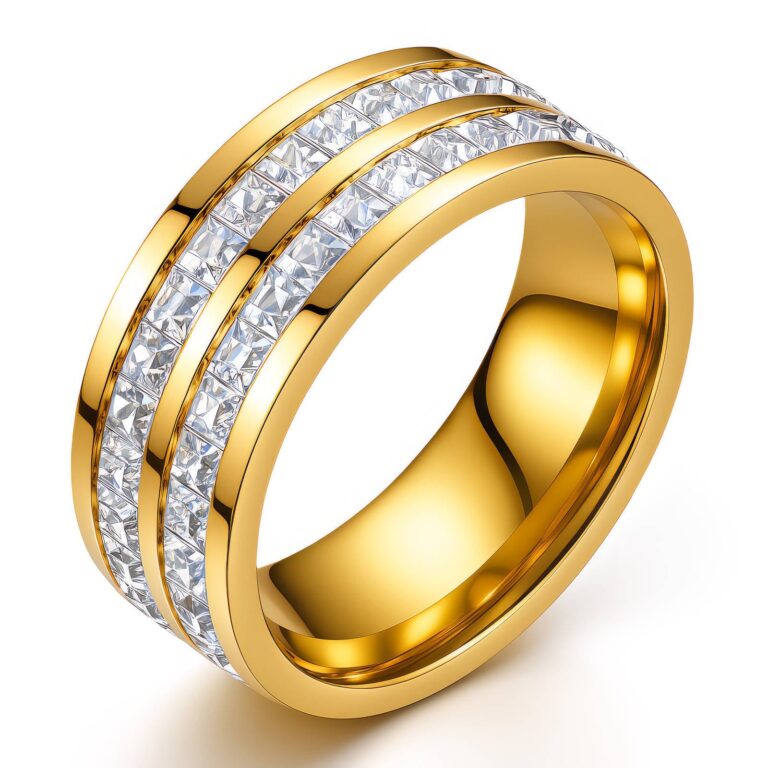 Close-up of 18K gold plated stainless steel ring with cubic zirconia