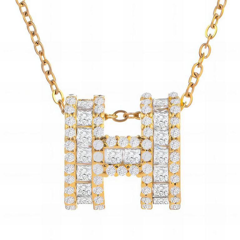 18K gold plated H necklace with cubic zirconia pendant close-up