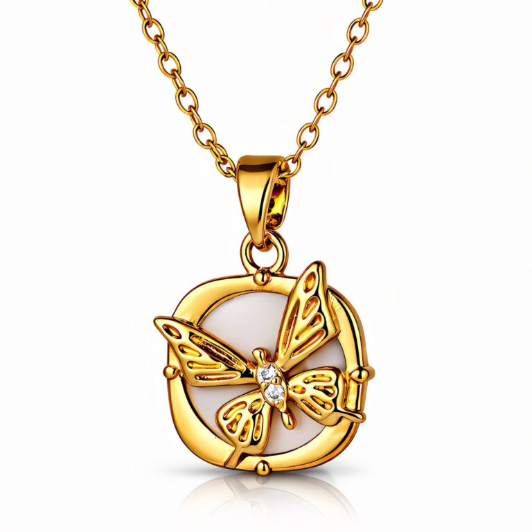 18K gold plated butterfly necklace on white background