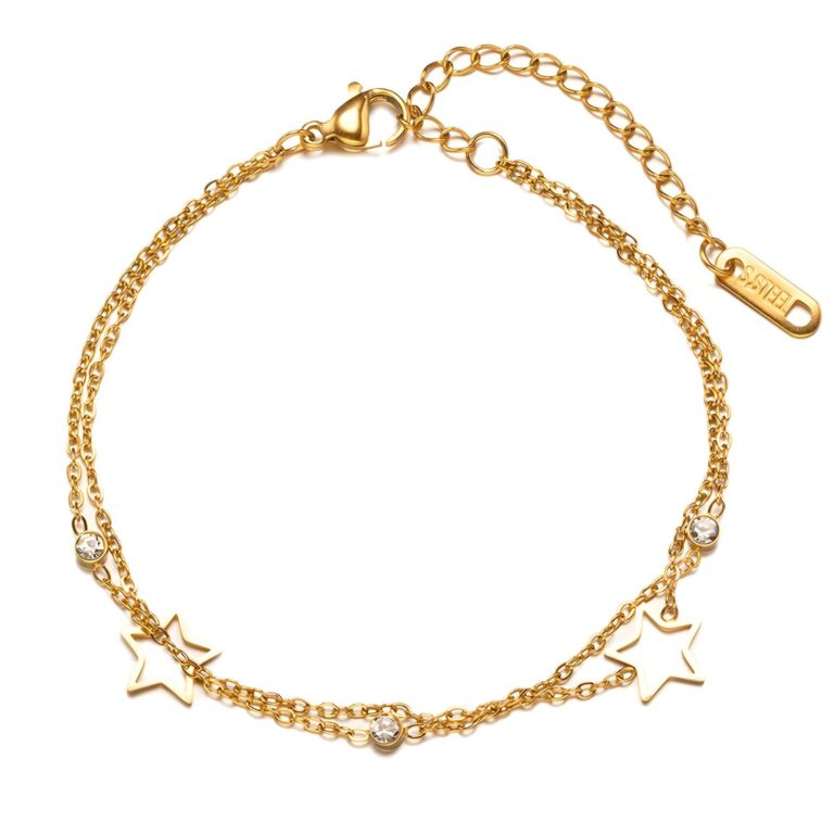 Close-up of 18K gold plated stars bracelet with cubic zirconia on wrist