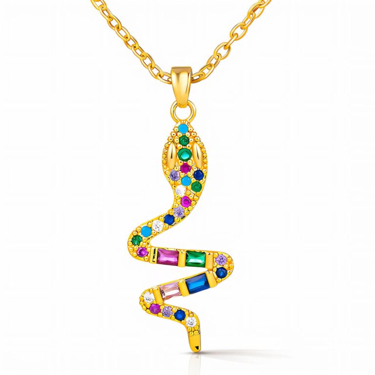 18K gold plated snake necklace with cubic zirconia pendant front view