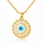 18K gold plated evil eye necklace with cubic zirconia pendant front view