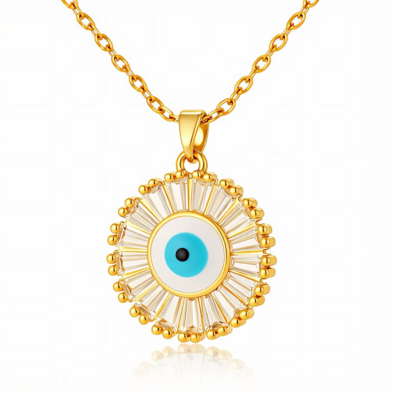 18K gold plated evil eye necklace with cubic zirconia pendant front view
