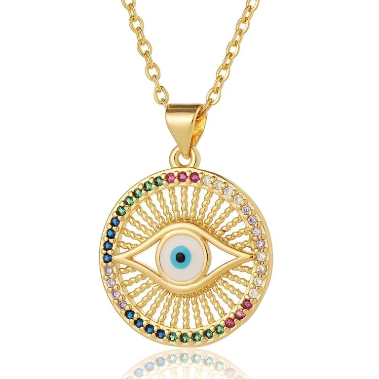 Close-up of 18K gold plated Evil Eye necklace with cubic zirconia pendant