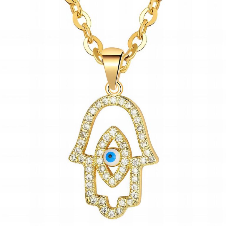 Close-up of 18K gold plated Evil Eye necklace with cubic zirconia pendant