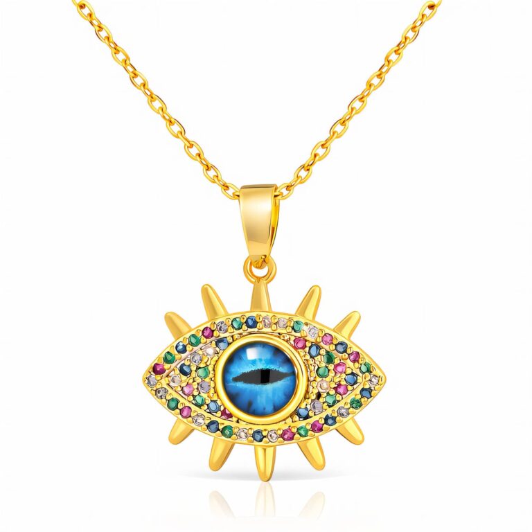 18K gold plated evil eye necklace with cubic zirconia pendant front view