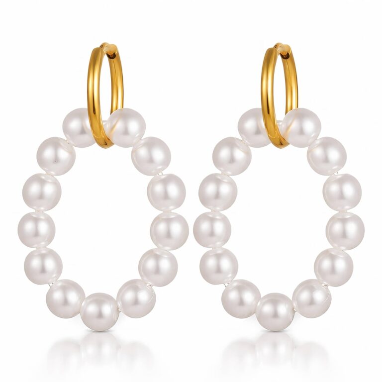 18K gold plated stainless steel earrings with imitation pearls front view