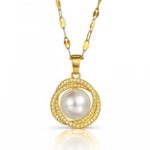 18K gold plated steel necklace with pearl and cubic zirconia pendant front view
