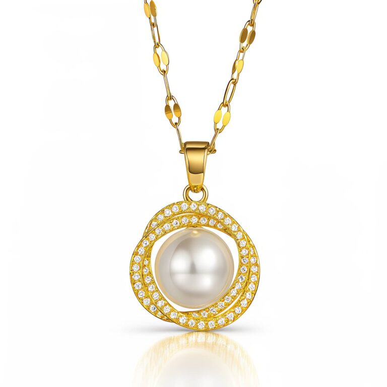 18K gold plated steel necklace with pearl and cubic zirconia pendant front view