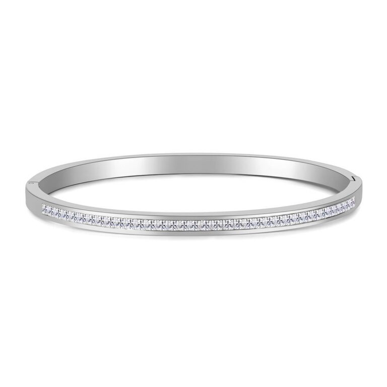 Close-up of stainless steel bracelet with cubic zirconia