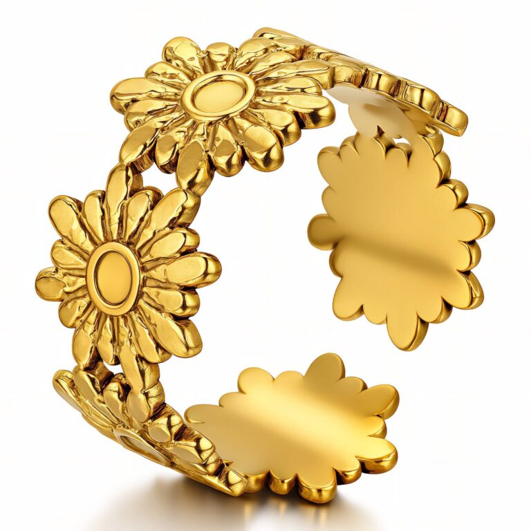 Adjustable 18K gold plated flowers ring on white background