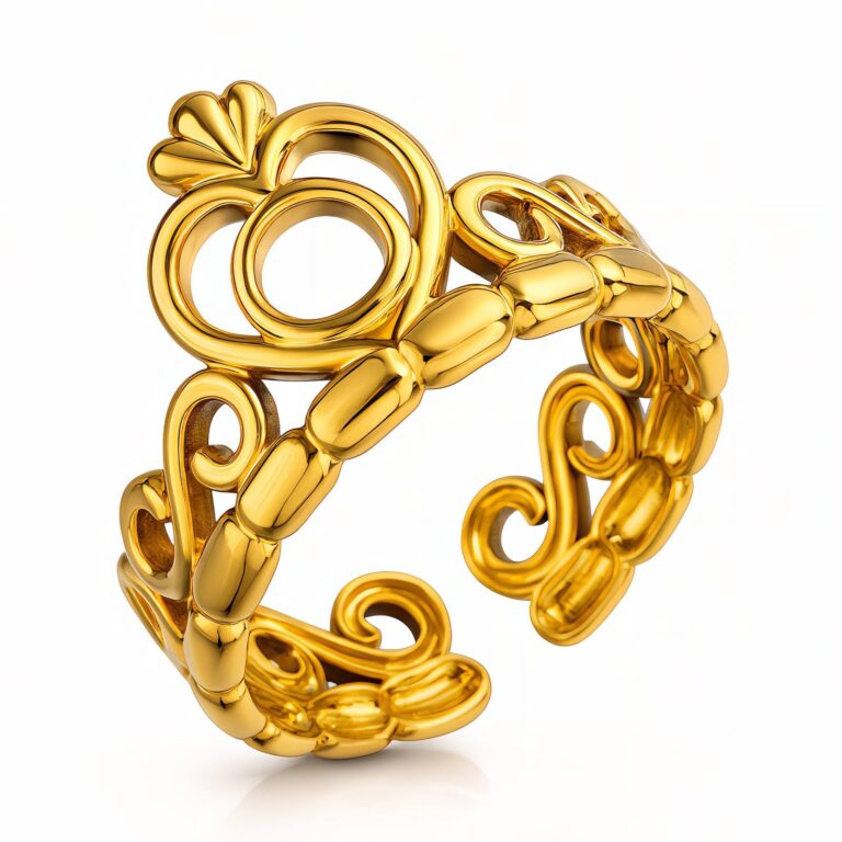 Adjustable 18K gold plated heart ring on white background