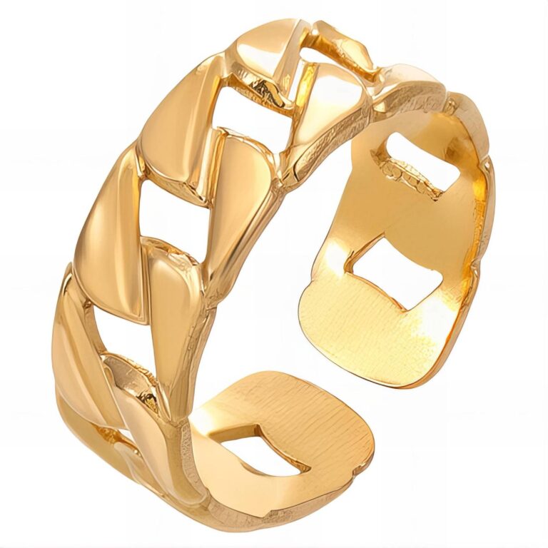 Adjustable 18K gold plated stainless steel ring on white background