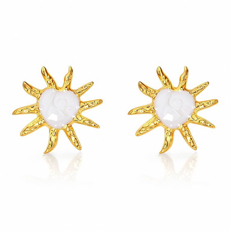Close-up of 18K gold plated stainless steel sun stud earring