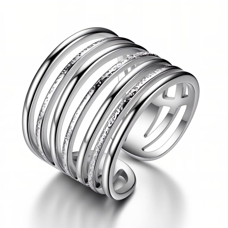 Adjustable stainless steel ring on white background