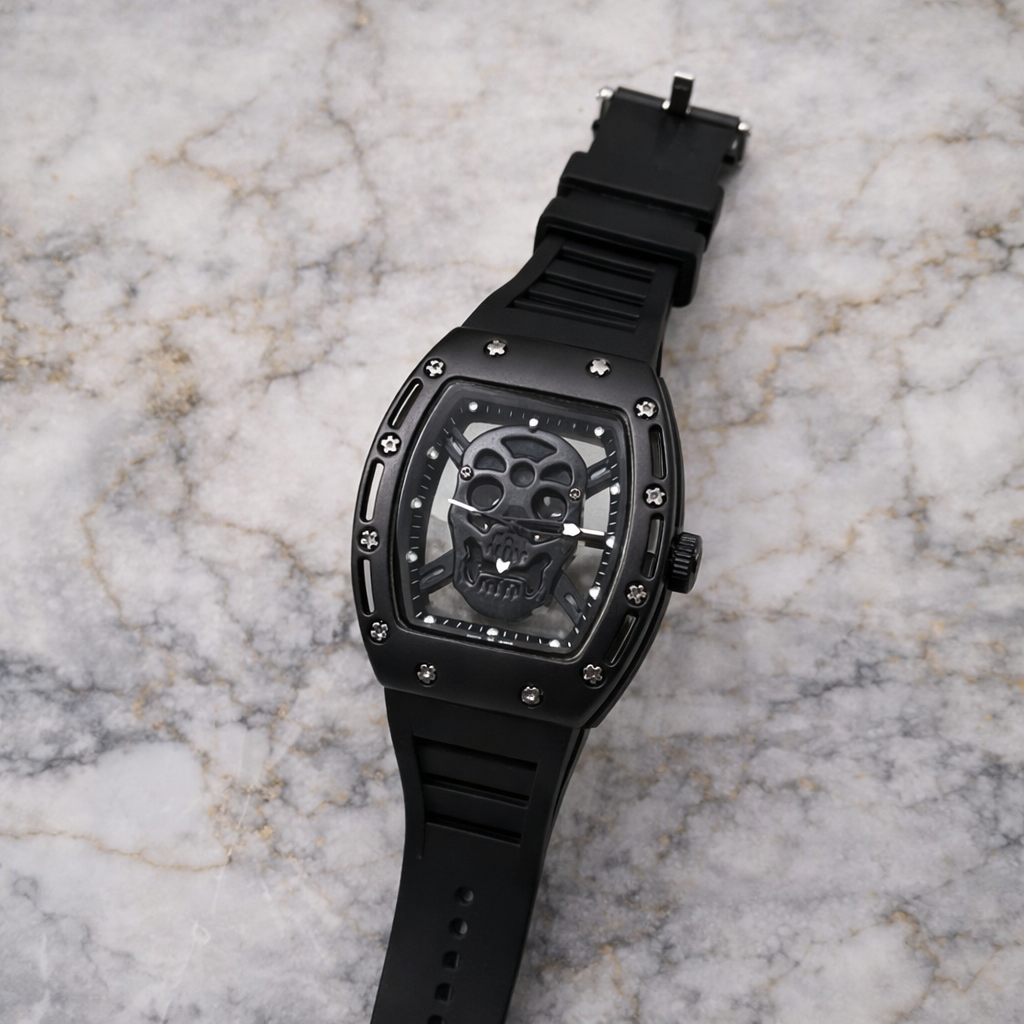 88684fa9ac88b5171d41f27bee98688c.png Skull Skeleton Matte Sport Watch – Luxury Metal Tonneau Style Wristwatch with Silicone Strap - Image 1