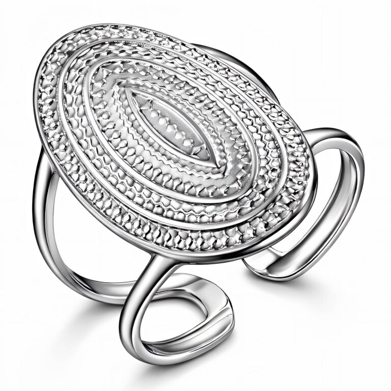 Adjustable stainless steel ring on white background