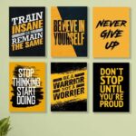 Motivational Warrior Quote Wooden Wall Art Frame Set | 6-Piece Inspirational Success Sticky Tiles | Bold Yellow and Black Typography Decor | 8x11 Inch