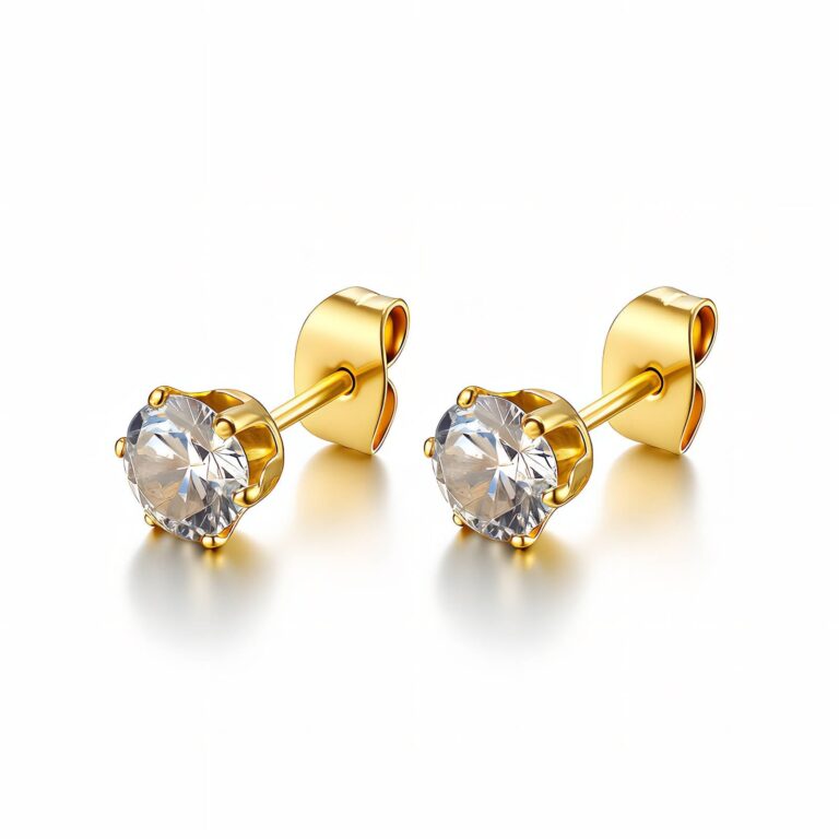 18K gold plated stainless steel stud earrings with cubic zirconia close-up